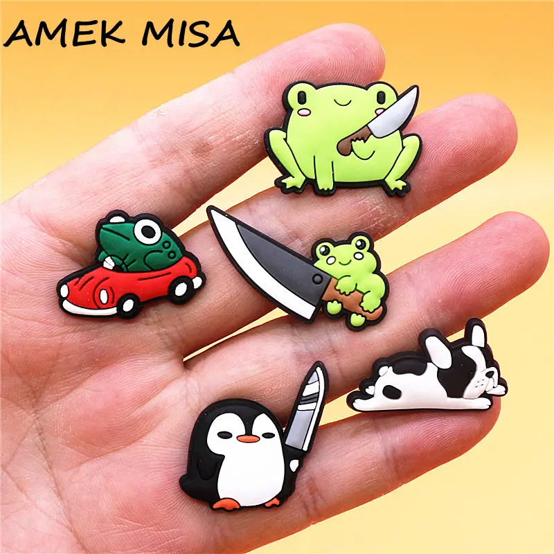 Single Sale 1pcs Funny Frogs PVC Shoe Buckle Decorations Lazy Dog Knife Penguin Upper Charms Shoe Pins Accessory Fit Kids Gifts