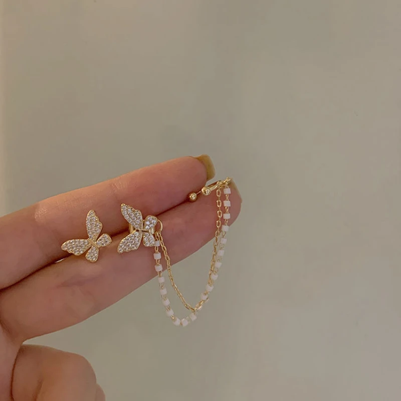 Korean Elegant Cute Rhinestone Butterfly Stud Earrings Women Girls Fashion Metal Chain Jewelry Gifts