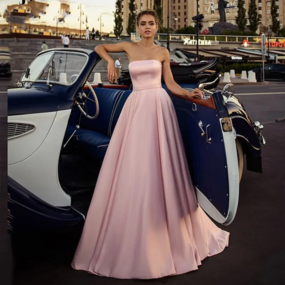 

Simple Pink Strapless Satin Prom Party Dress Long A Line Lace-up Backless with Bow Wedding Guest Ball Gown robe de soirée