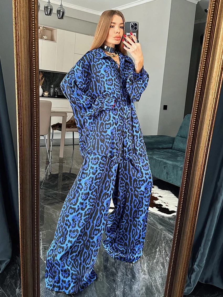 

Dutrieux Leopard Print Women'S Pajamas Set Long Sleeve Sleepwear Turn-Down Collar Nightwear Wide Leg Pants Femme Pyjamas Suits