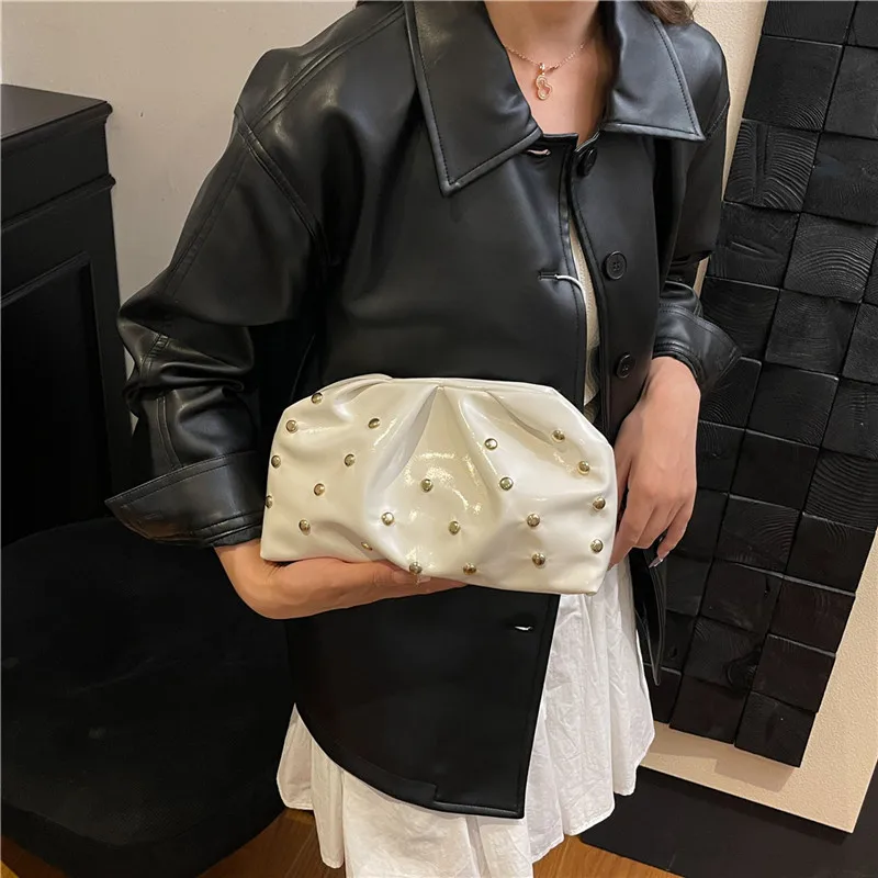 Simple Versatile Clip Evening Handbags for Women Solid Color Rivet Pleated Design Ladies Clutch Female Soft Pu Leather Purse - 3