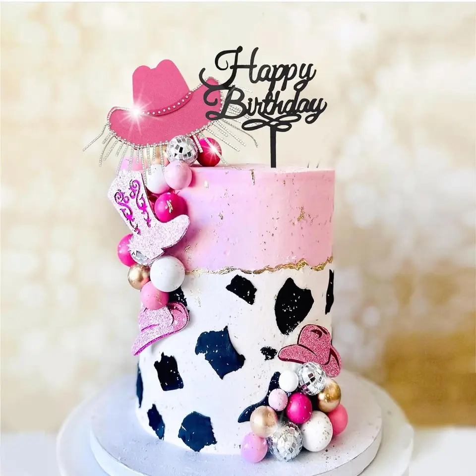 Set 16 Decorazioni Per Torta A Tema Cowboy, Cappello E Stivali Rosa, Palline, Topper Per Torte Di Compleanno, Baby Shower, Festa Western
