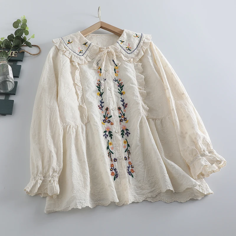 Autunno Mori Ragazza Cotone Ricamo Floreale Pizzo Camicia A Maniche Lunghe Vintage Shabby Chic Cottagecore Dolce Camicetta Rococò Vittoriana