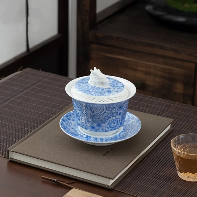 Porselein Gaiwan 240ml Theekopje Met Deksel En Schotel - Wit Geglazuurd Sancai Set