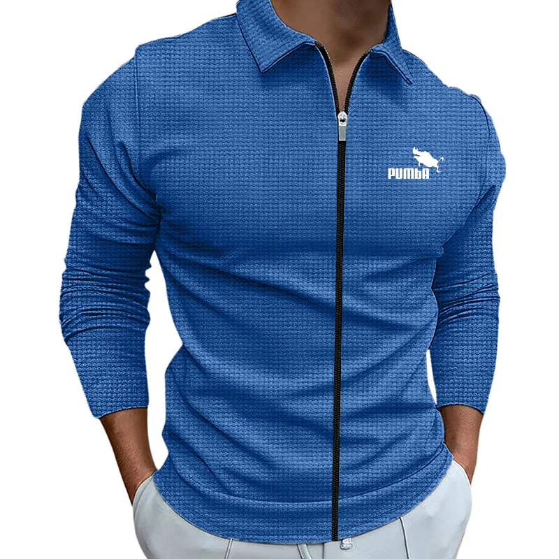 High Quality Fashion Men's Jacket Waffle Fabric Printed Lapel Casual Outdoor Sports Windproof Coat Slim Muscle Men's Clothing