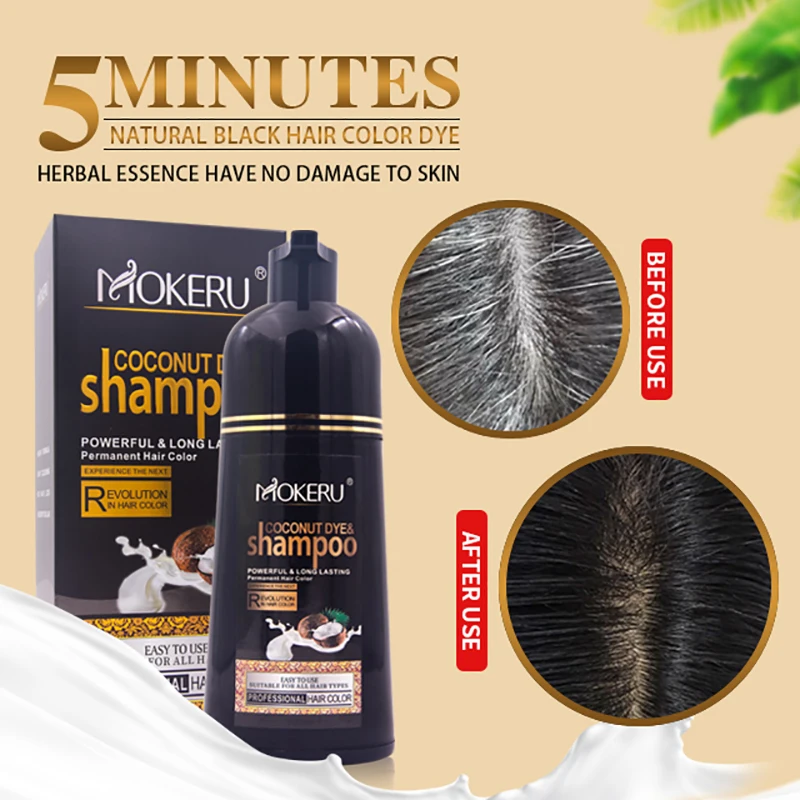 Hair Dye Shampoo Mokeru 500ml Natural Organic Coconut Oil Essence Black Hair Dye Shampoo Covering Gray Hair Permanent Coloring Dye Shampoo