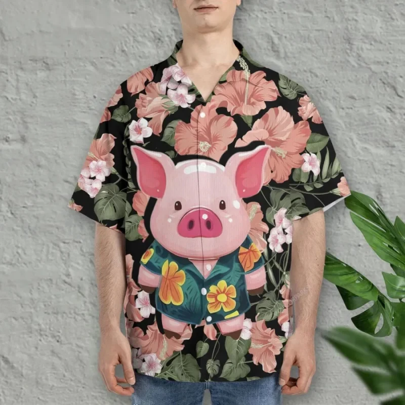 thumbnail image 1 of Camisa hawaiana divertida para hombre, linda camiseta hawaiana con estampado 3D de cerdo, blusa informal de manga corta con solapa, ropa de calle para hombre, 1 of 5
