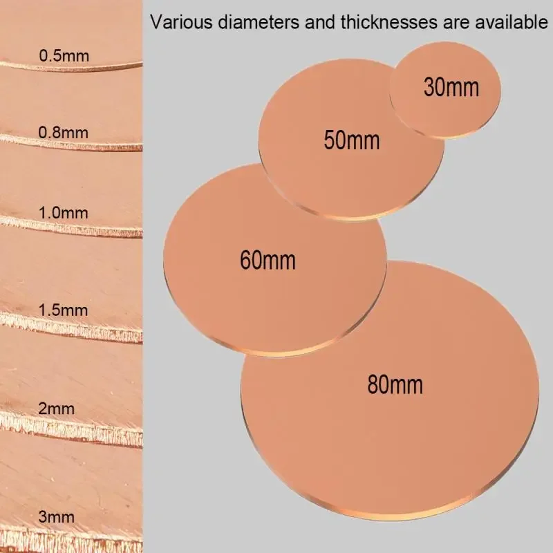 High-Quality Pure Copper Round Disc/Plate - Multiple Thickness and Diameter Options
