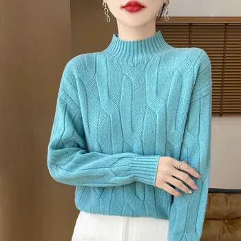 New Fashion Autumn And Winter Merino Wool Pullover Sweater Solid Color Long Sleeve Basic Thermal Top 100% Pure Wool SweaterWQ701