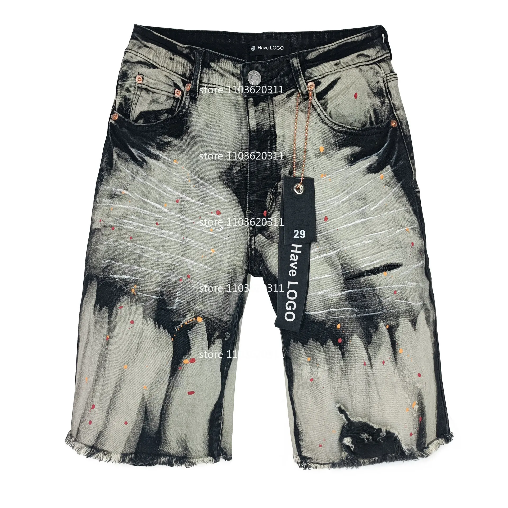 

Men Jeans Shorts New Street Trendy Purpleness Menswear Men's Midpants with Raw Edges Splashed Ink Paint Slim Fit Ripped Patch