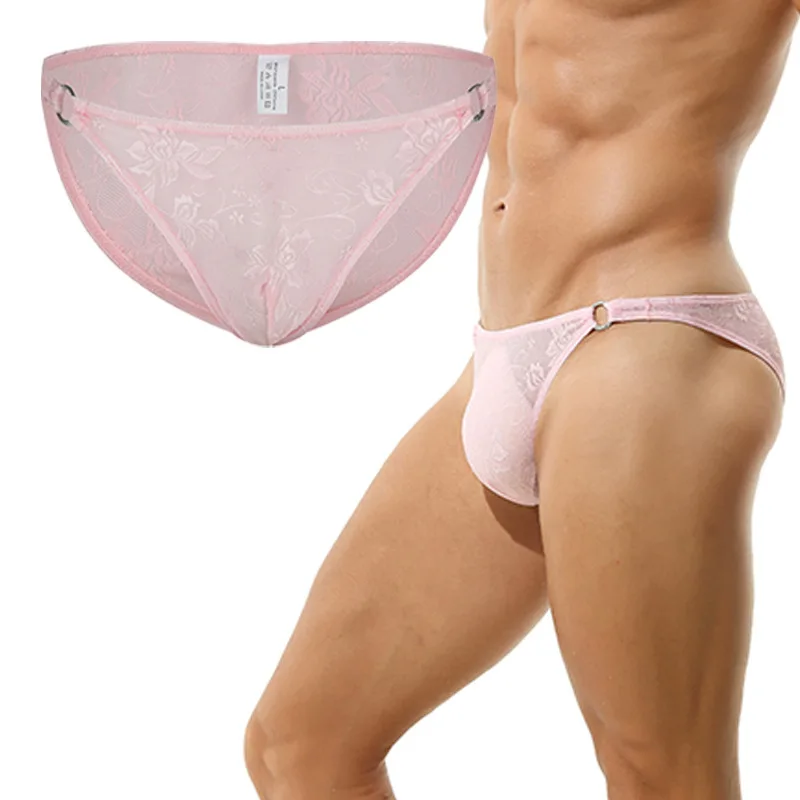 Tanie Męskie koronkowe Bikini seksowne otwarte perspektywy stringi miękkie wygodne żakardowe guzik skórzany sklep