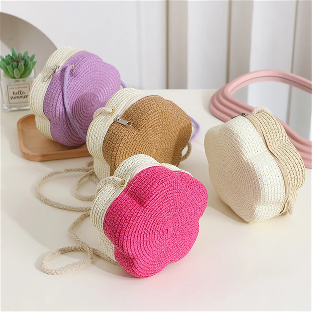 Flower Straw Bag Women Woven Crossbody Beach Bag for Ladies Cute Rattan Handmade Knitted Shoulder Bag Candy Color Small Handbag