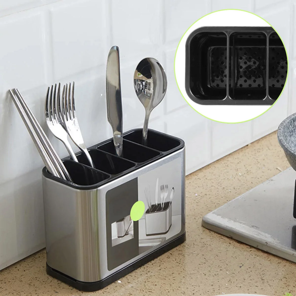 Utensil Kitchen Cutlery Holder Stainless Steel Cutlery Holder Removable Divider Utensil Knife Spoon Fork Keep Dry Storage Rack 6