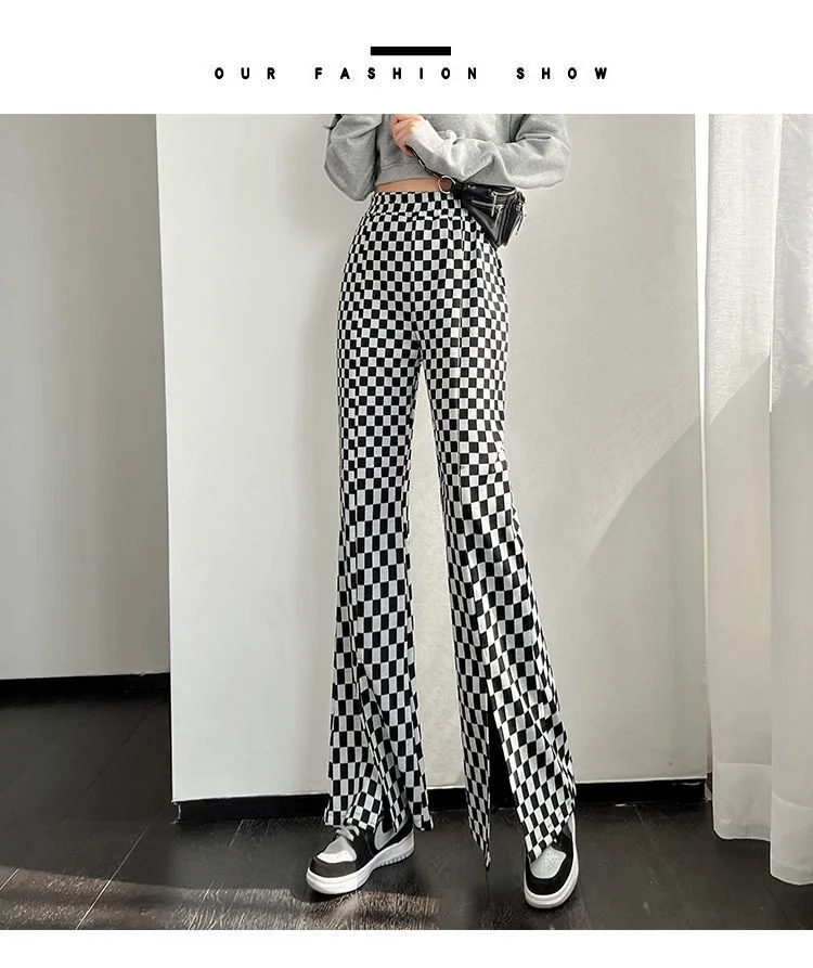 khaki pants Checkerboard Flares Leggings Pants Plaid Pants Wide Leg High Waist Women Summer Autumn Thickened Loose Korea Fashion Boot Pants track pants