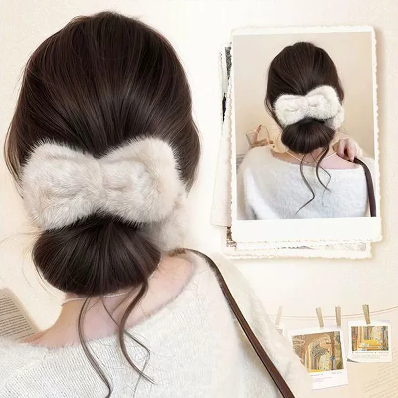 Claw Clip Hair Bun Extensions Wig Synthetic Messy Updo Hair with Duckbill Clip Plush Bow Hair Accessories for Winter Women Hair