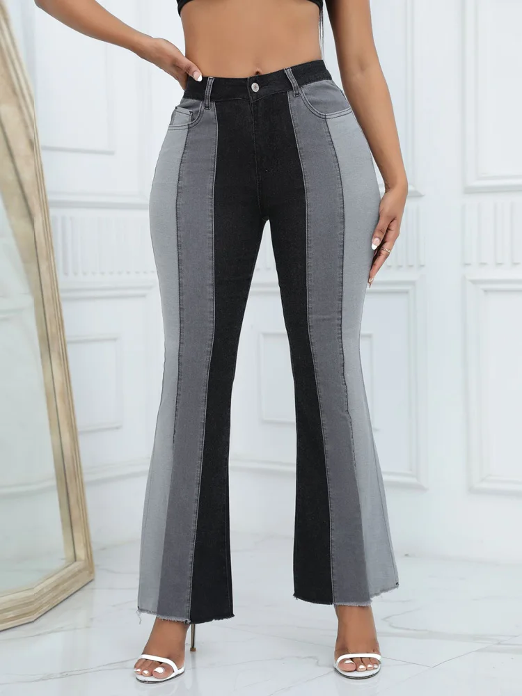 

Benuynffy Women's Casual Patchwork Jeans High Waist Stretchy Slim Flare Jeans for Women Skinny Bell Bottom Raw Hem Denim Pants