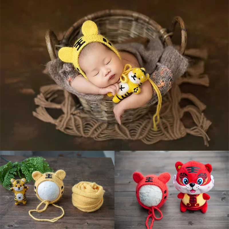 Dvotinst Newborn Baby Photography Props Knit Cute Tiger Bonnet Hat Doll Wrap Set Fotografia Accessories Studio Shoot Photo Props