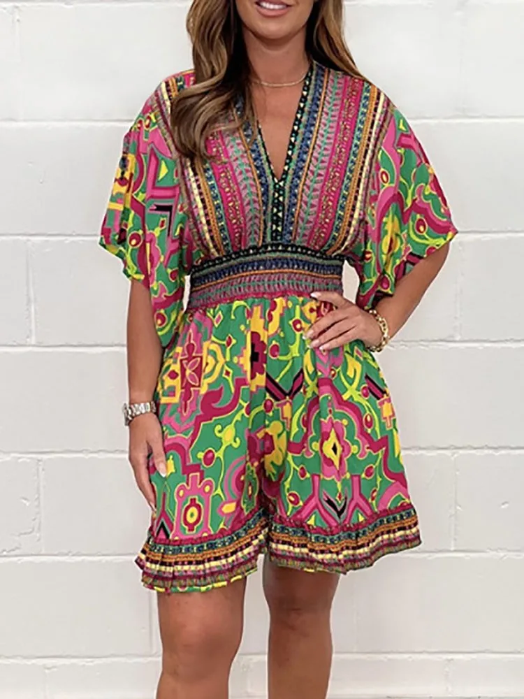 Summer Women's Fashion Boho Print Jumpsuits Female Elegant