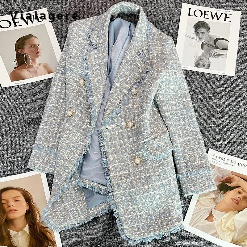 

2023 Autumn Winter Women Office Lady Luxury Notched Collar Long Sleeve Blazers Casual Single Button Loose Fit Plaid Suits