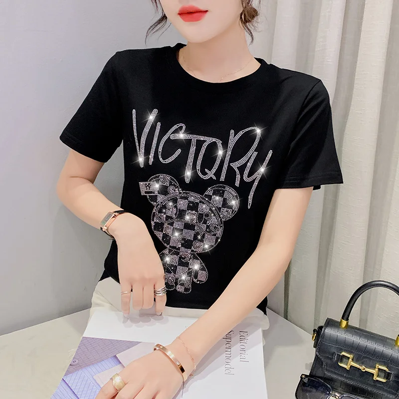 

#6189 Cartoon Diamonds Cotton Short Sleeve T Shirt Women Summer Womens Tshirt O-neck Slim Sexy Tee Shirt Black Red White