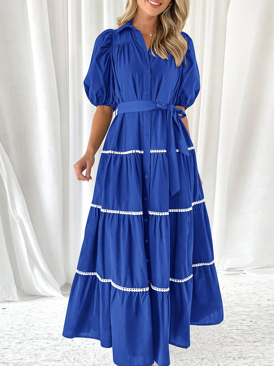 

Women s Summer Button Down Shirt Dress Short Puffy Sleeve Tiered Ruffle Flowy Long Maxi Dresses