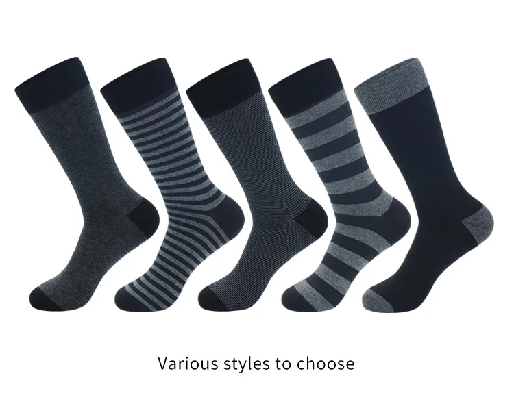 Men's Long Socks Pack - 5 Pairs Striped & Solid Black Cotton Crew Socks | Comfortable Plus Size EU40-47