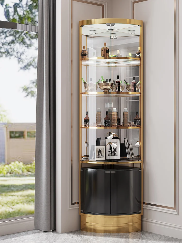 

European luxury triangle wine cabinet stainless steel fan-shaped corner glass living room is modern and simple against the wall.