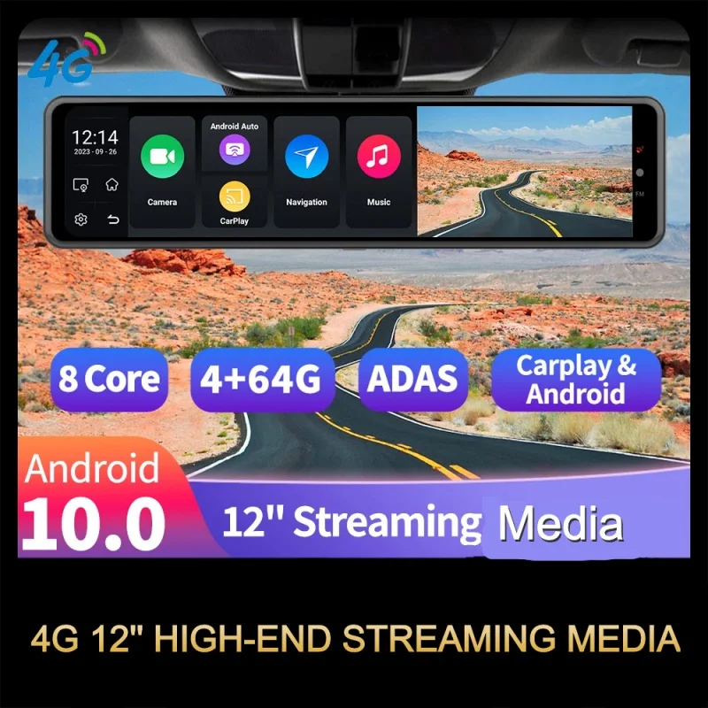 

12" 4G Android 10.0 Dash Cam Wireless CarPlay&Android Auto ADAS GPS Car DVR 5G WiFi Rearview Mirror Video Recorder