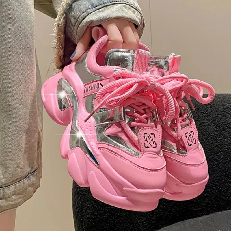 

Женские кроссовки из натуральной кожи, толстая подошва, на платформе 6 см, со шнуровкой, спортивные прогулочные, массивные, весенний сезон