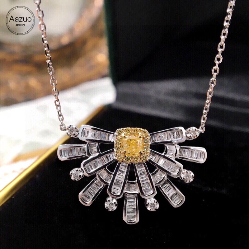 Aazuo Premium jewelry 18K Solid White Gold Natrual Yellow White Diamonds Luxury Sector Necklace With Chain Gift For Women