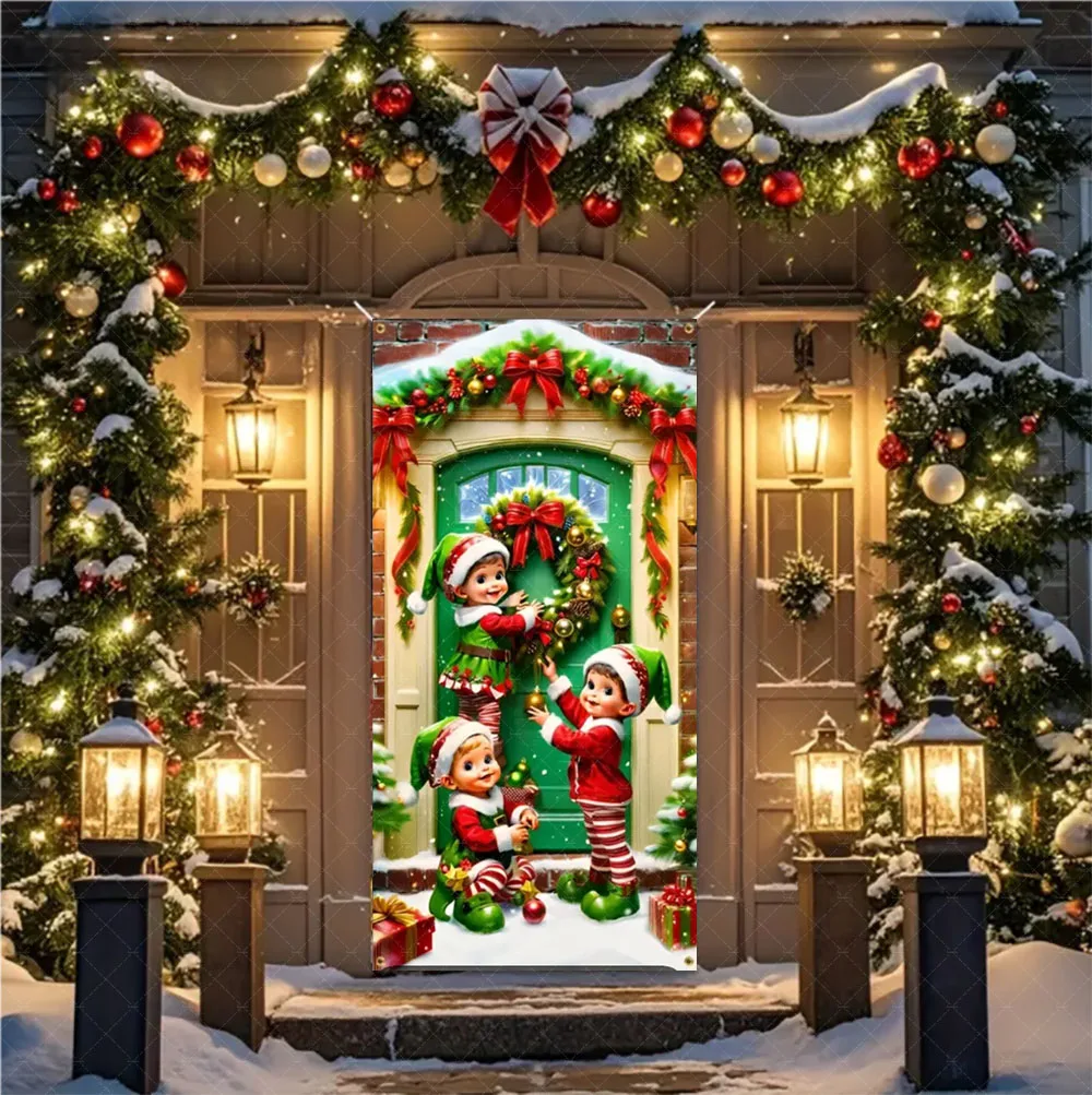 Weihnachten Santa und Elch Thema Hintergrund Nuss Cracker Schneemann Tür Banner Indoor Outdoor Veranda Tür Abdeckung Fotografie Hintergrund – Detail 18