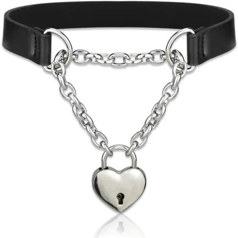 Goth-Halsketten für Damen, schwarzes Halsband und Herz-Vorhängeschloss-Tageshalsband mit Schlüssel, schwarzes PU-Leder-Halsband für Damen