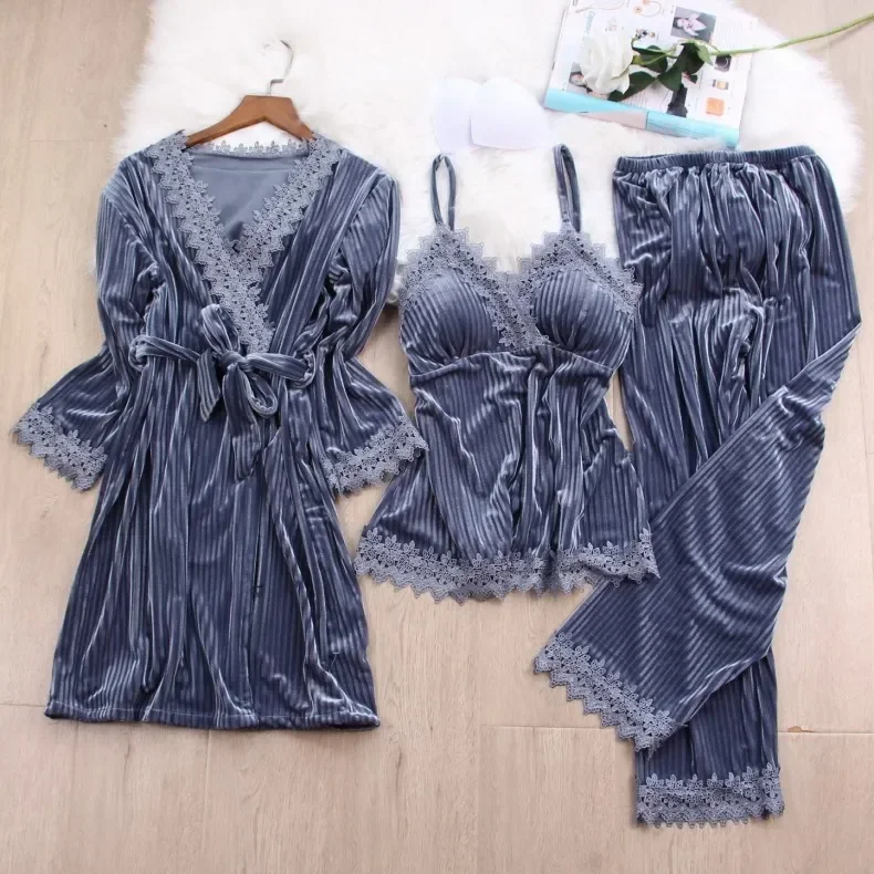 

Lace Women Set Loose Pijamas Suit 3PCS Sleepwear Sexy Loungewear Bathrobe Winter Homewear Velvet Trim Gown Pajamas Autumn