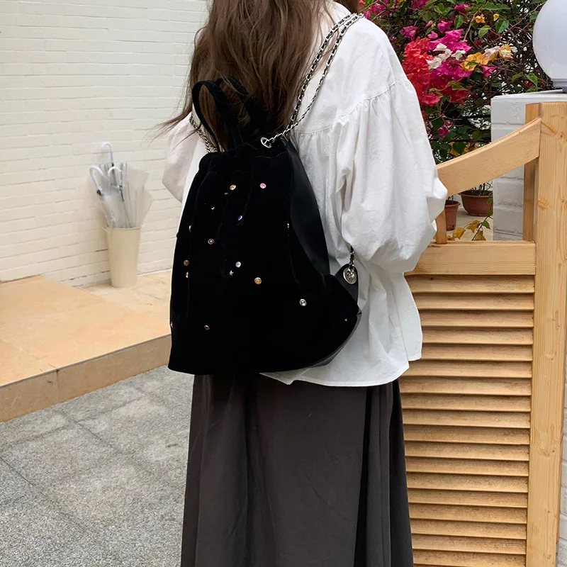 JulioFlorecer Korean Niche Frosted PU Suede Patchwork Colorful Gemstone Chain Backpack Drawstring Bag Female Purse Free Shipping