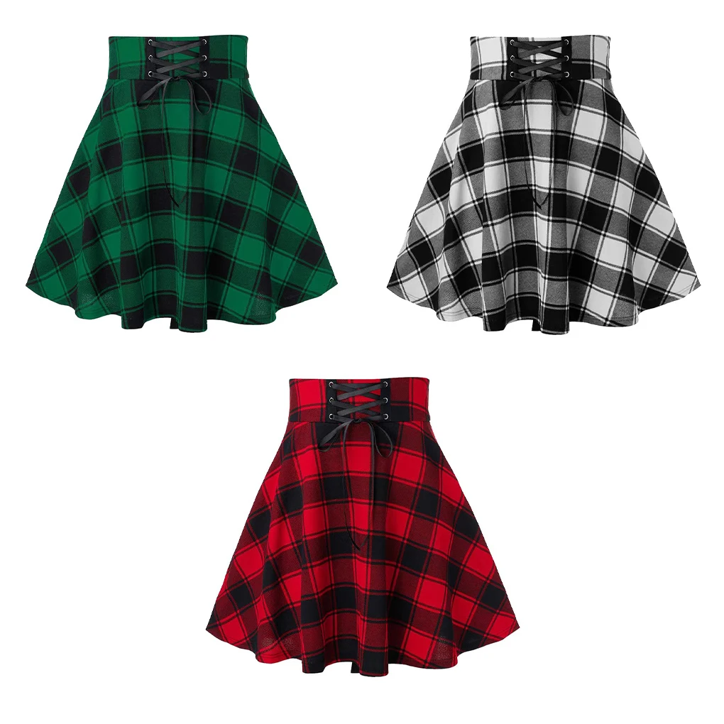 

Women Plaid Short Skirt Pleated Swing Miniskirt Vintage Drawstring Dress