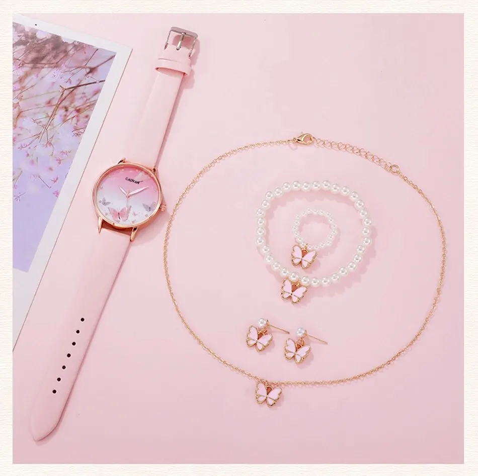 S61472b3e63204592a772fe70e2e1aa530 6PCS Set Women Fashion Quartz Watch Female Clock Pink Butterfly Dial Luxury Brand Design Ladies Leather Wrist Watch Montre Femme Mallzona