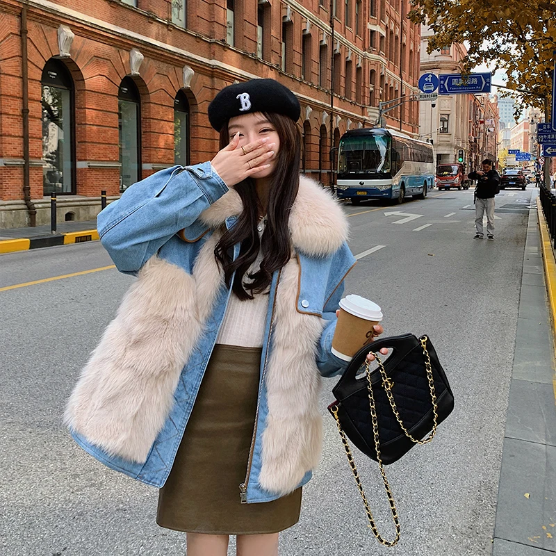 

Vintage Real Fox Fur Denim Jacket outerwear Women Winter Hooded Warm Jean Parkas real fur coats HN02-710