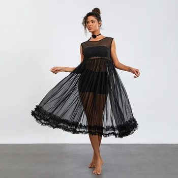 Women's Sheer Mesh Beach Midi Dress Solid Color Sleeveless Crew Neck Ruffles Hem Flowy Tank Dress Beach Swimwear Cover-Ups 1