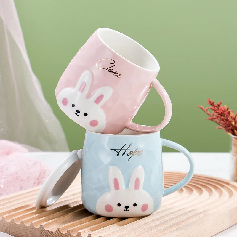 

Cute cartoon water cup gift embossed rabbit cup ceramic mug Hugh children's ceramic cup with lid spoon