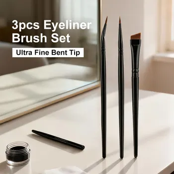 3pcs Eyeliner Brush Set Ultra Fine Bent Brush for Detail Makeup Tear Trough & Brow, Professional Precision Liner Tool with Trave 1