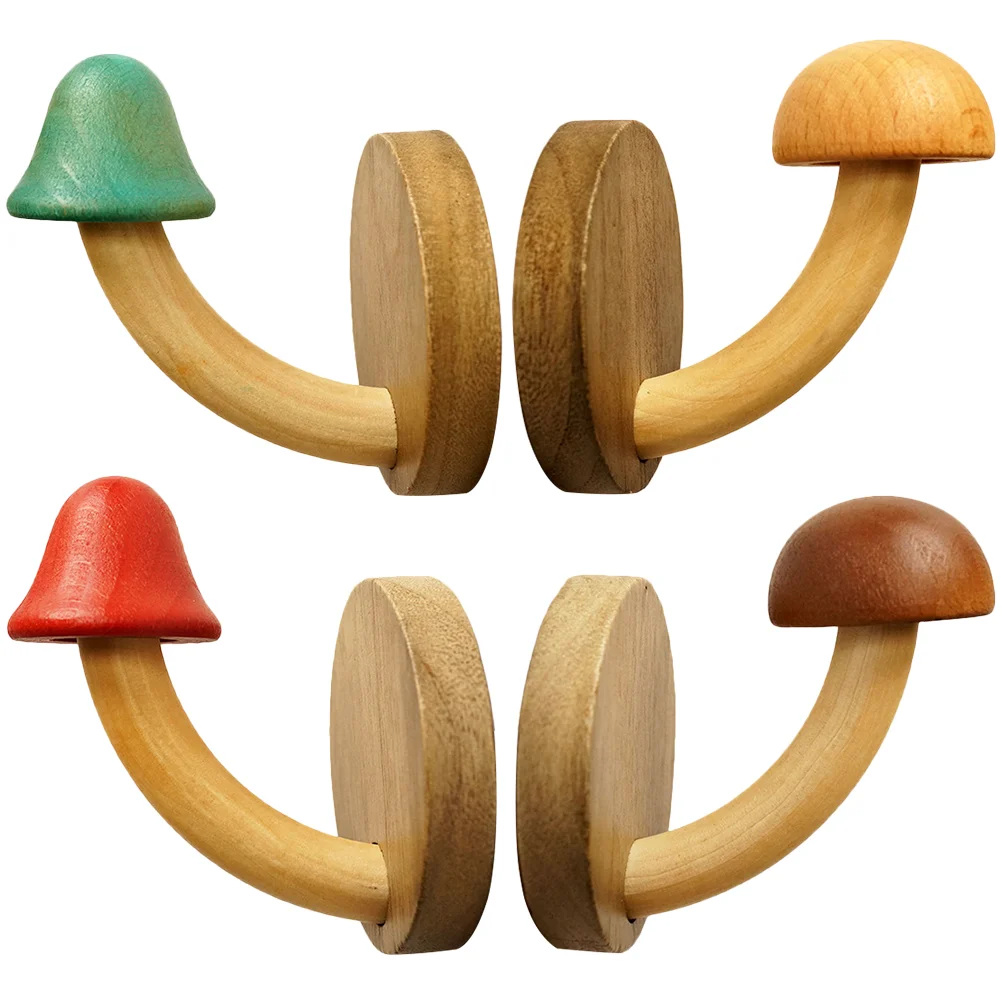 

4pcs Wooden Mushroom Coat Hooks Non-Perforated Wall Hook Hanger for Bathroom Kitchen