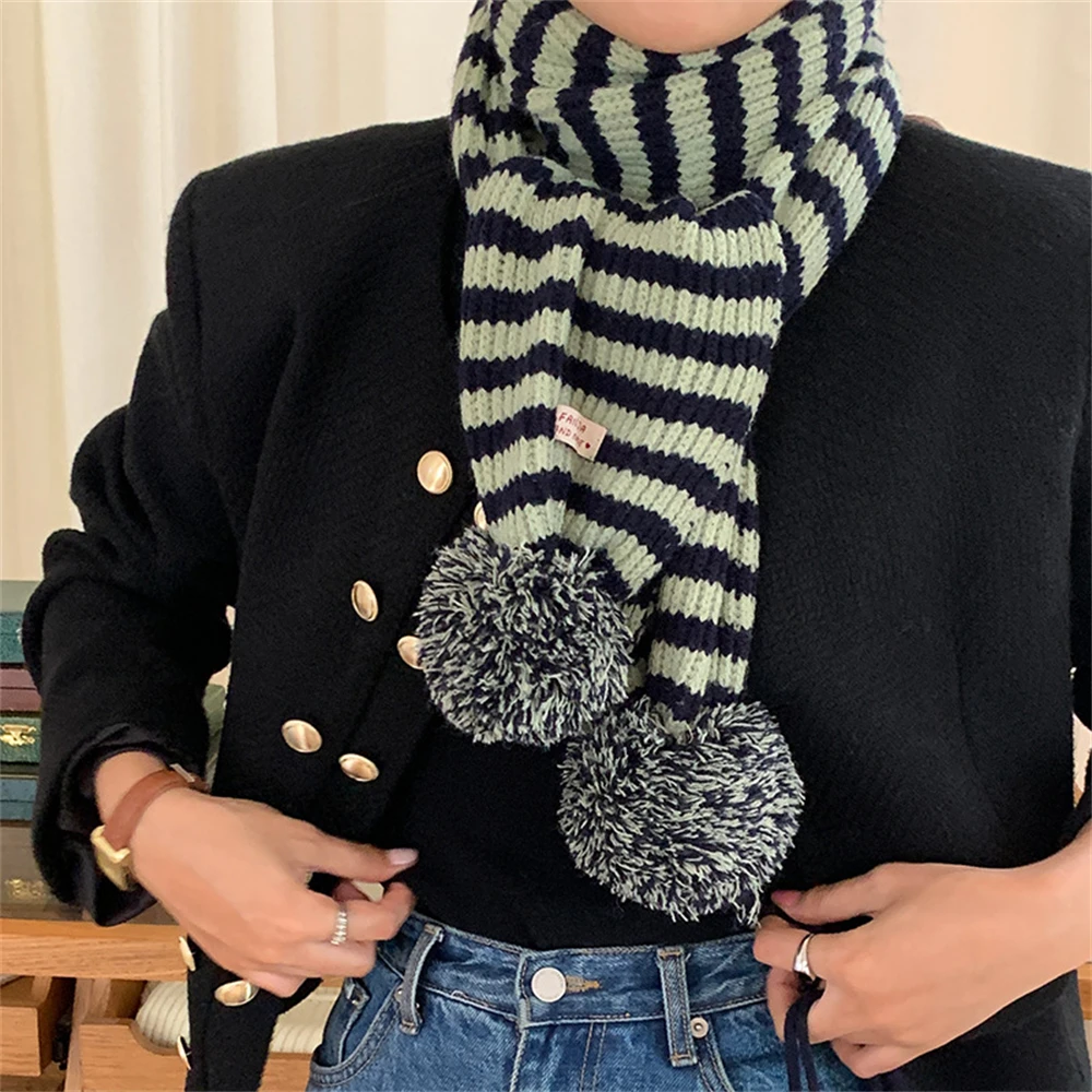 

Cute Knitted Scarf Winter Hairball Warm Scarf Women‘s Thickened Striped Shawl Muffler Couple Christmas Gift Winter Accessories