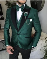 Dark Green Jacquard Wedding Suits For Men Groom Tuxedos 3 Pieces  Customized Prom Party Blazers Groomsmen Costume Homme 1