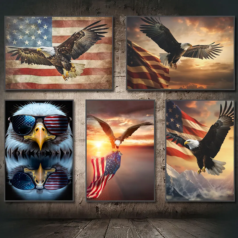 God Bless America Flag Eagle Flag Poster Canvas Painting Bald Eagle American Flag Art Wall Pictures Room Home Decor No Frame