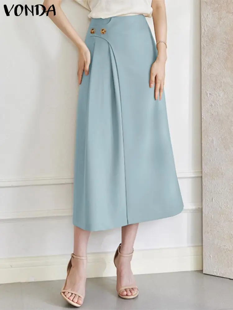 

VONDA Elegant Midi Skirts 2023 Autumn High Waist Casual Skirt Fashion Solid Color Buttons Pleated A-Line Streetwear Bottoms