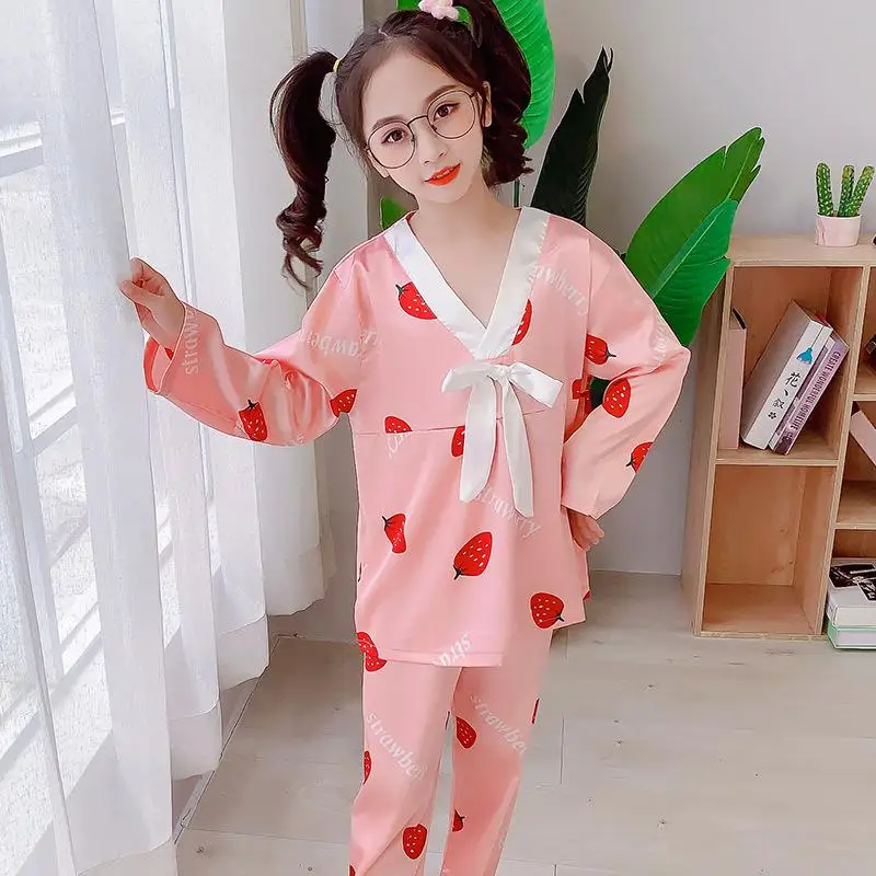 Children's Pajamas Long Sleeved Spring And Summer Baby Homewear Colthes Ice Silk Girls Sleep Wear Clothes 3-15Y Kids Clothes elegant pajama sets Sleepwear & Robes