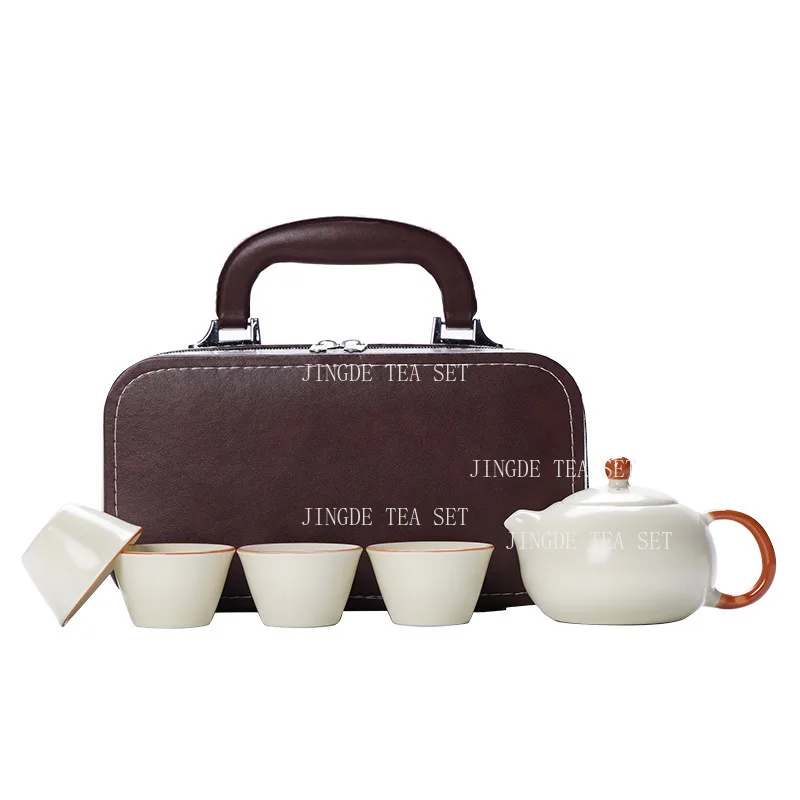 Panda Chinese Tea Set Ru Kiln Household Kung Fu Tea Set Travel Portable Large Capacity Teapot 1 Pot, 4 Cups Set Underglaze Color