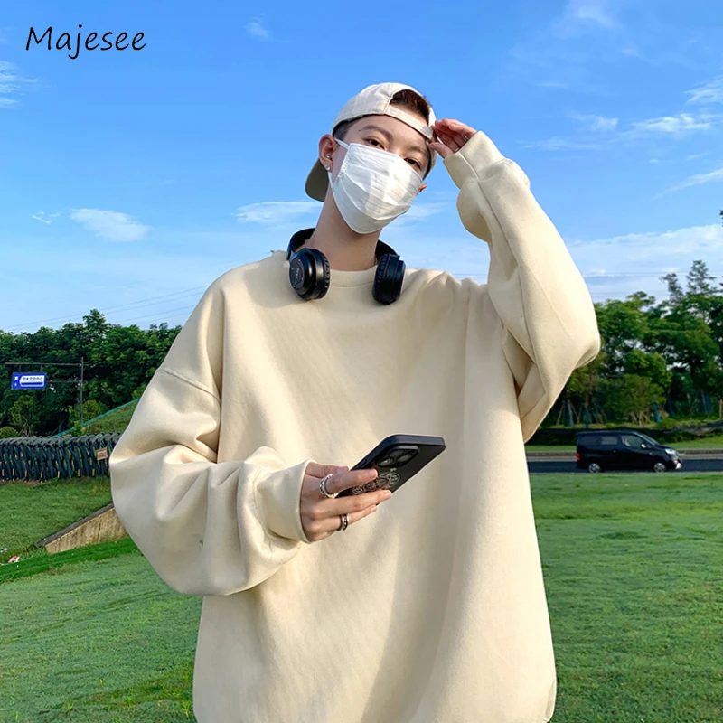 

Sweatshirts Men Fashion Baggy Korean Style Temperament O-neck Solid Color Couple Minimalist Autumn Cozy Streetwear Clothing Warm