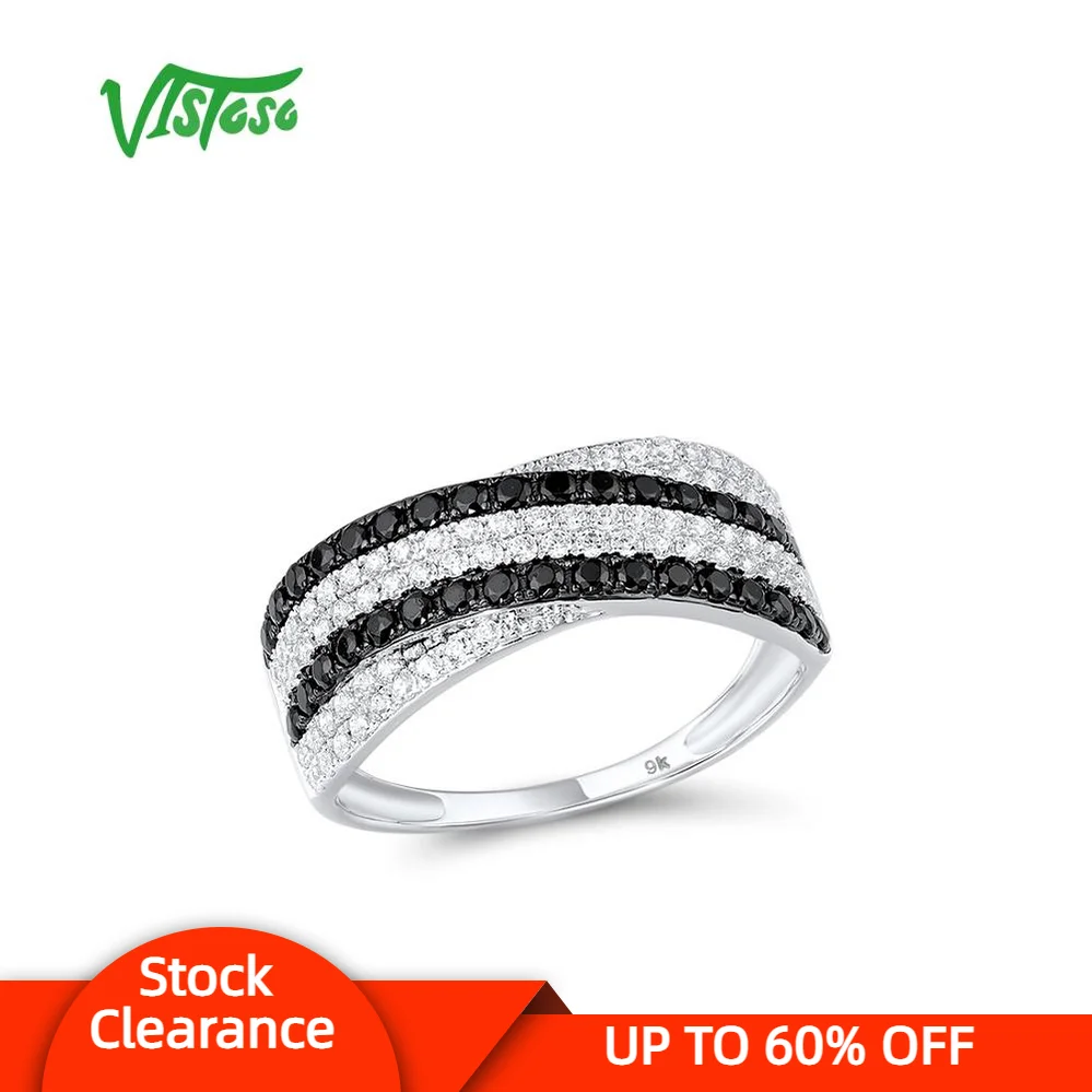 

VISTOSO Gold Rings For Women Genuine 9K 375 White Gold Ring Sparkling White CZ Black Spinel Promise Band Rings Fine Jewelry