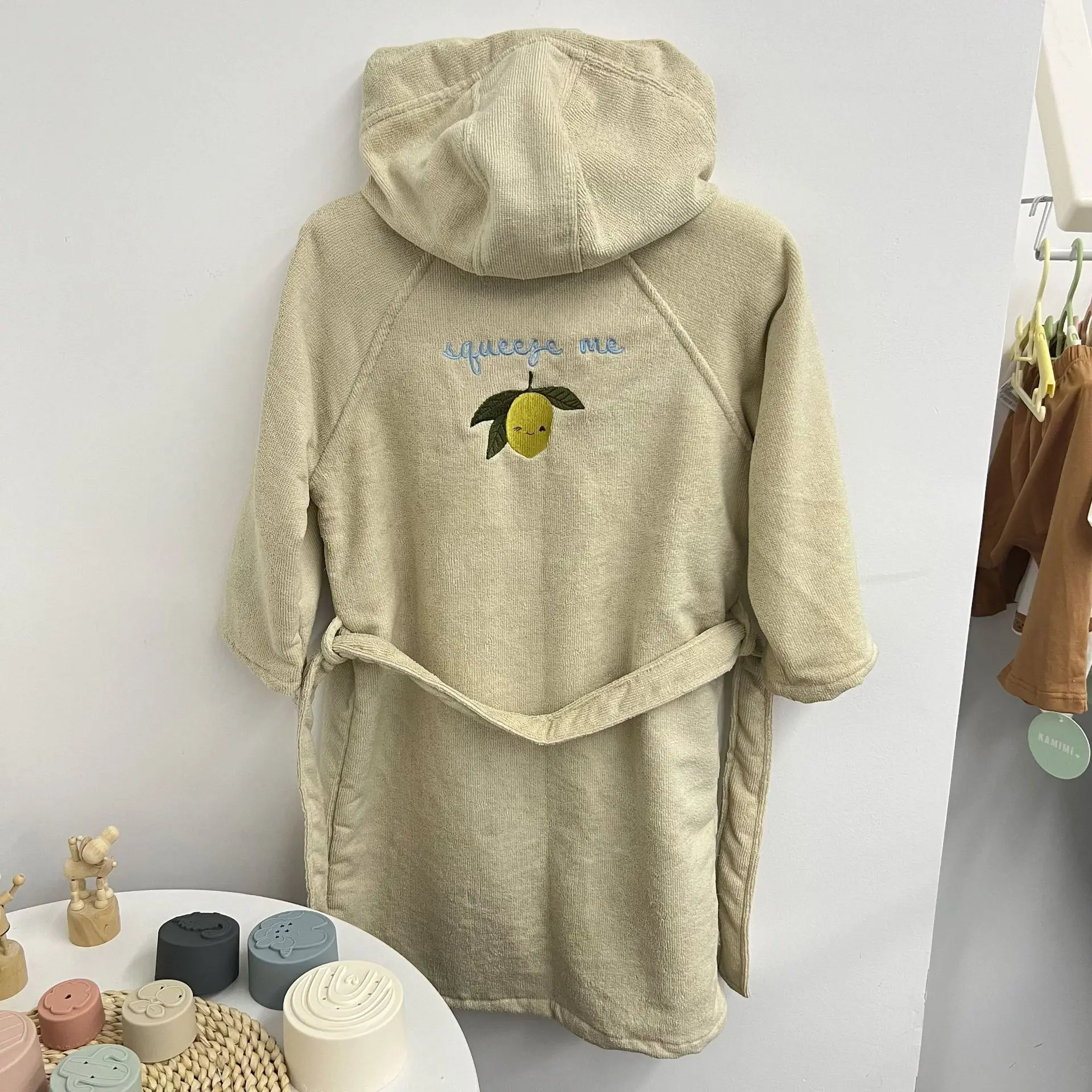 New Baby Boys Girls Bathrobe Towel Children's Cherry Lemon Embroidery Pure Cotton Hooded Bath Towel Pyjamas